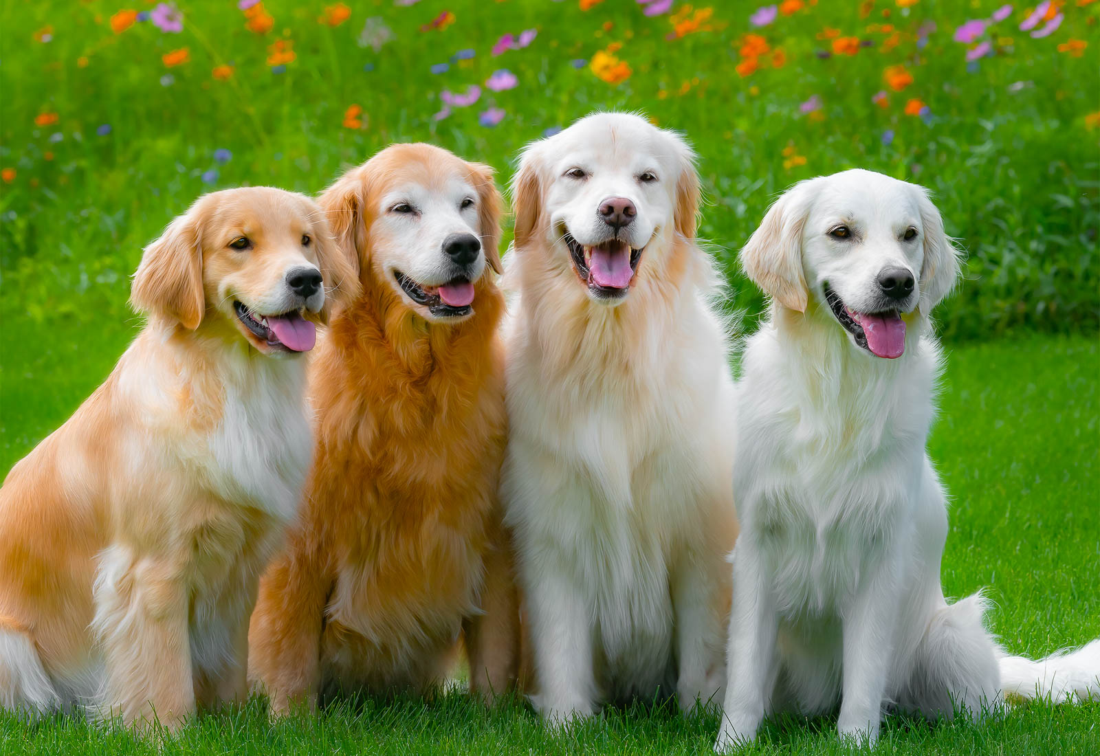 Four Golden Retrievers smiling on a summer day