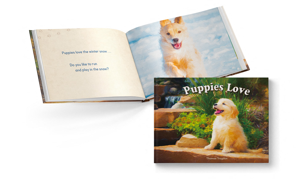 Puppies Love Children's Book featuring Trog's Dogs Open Pages and Cover